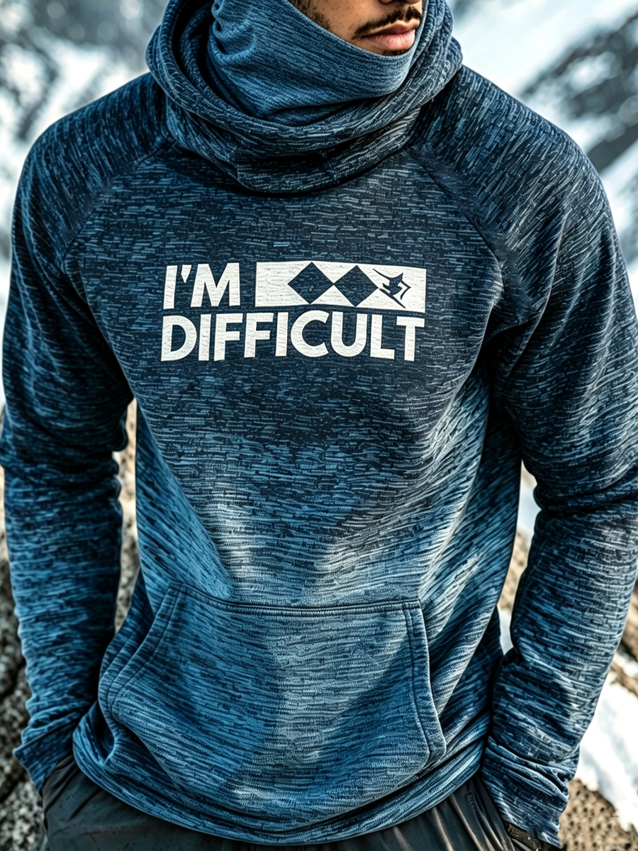 Men's Humorous Ski I Am Difficult Print Thermal Base Layer Hoodie with Built-in Gaiter