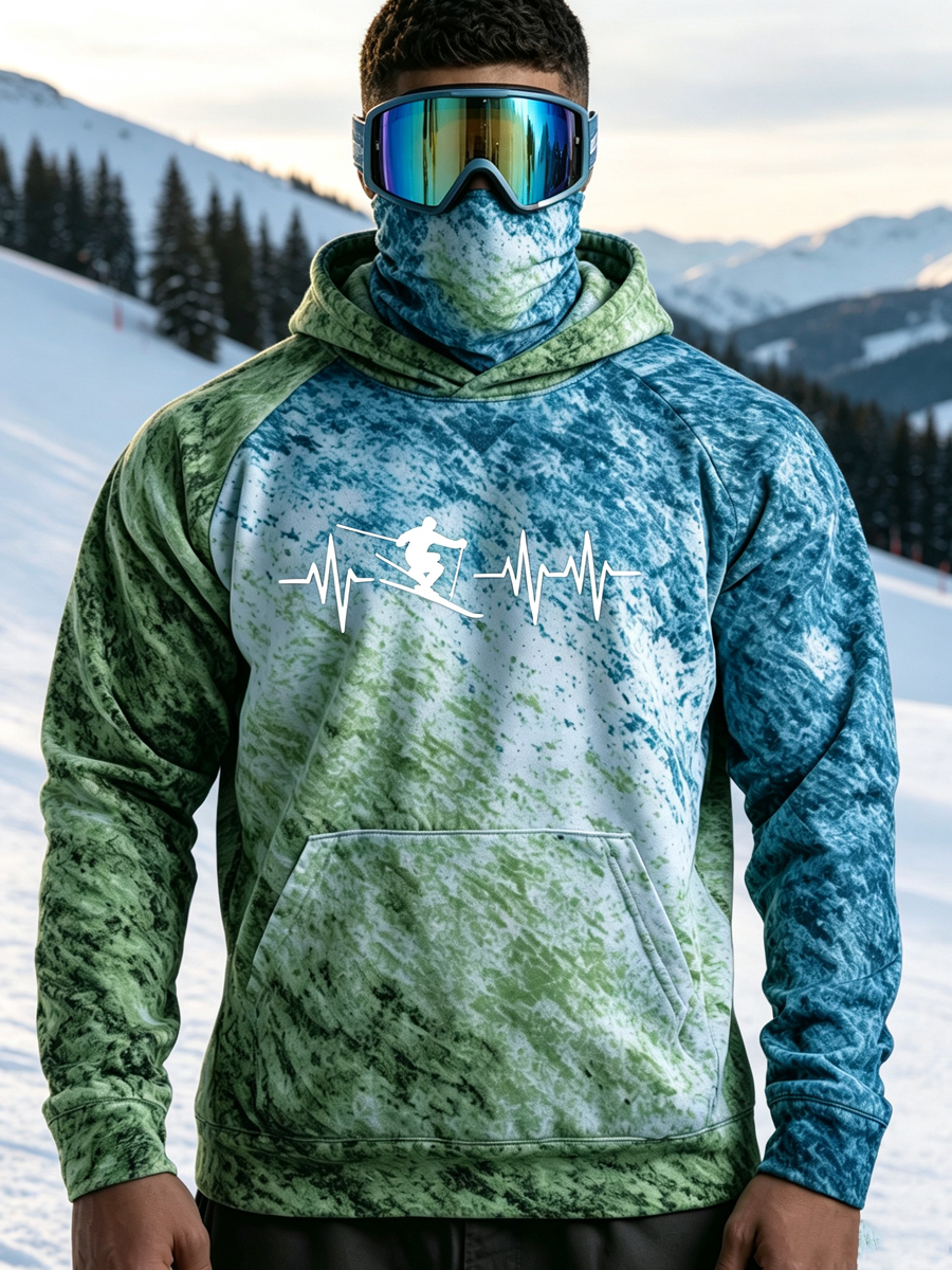 Men's Ski Heartbeat Silhouette Gradient Print Thermal Base Layer Hoodie with Built-in Gaiter