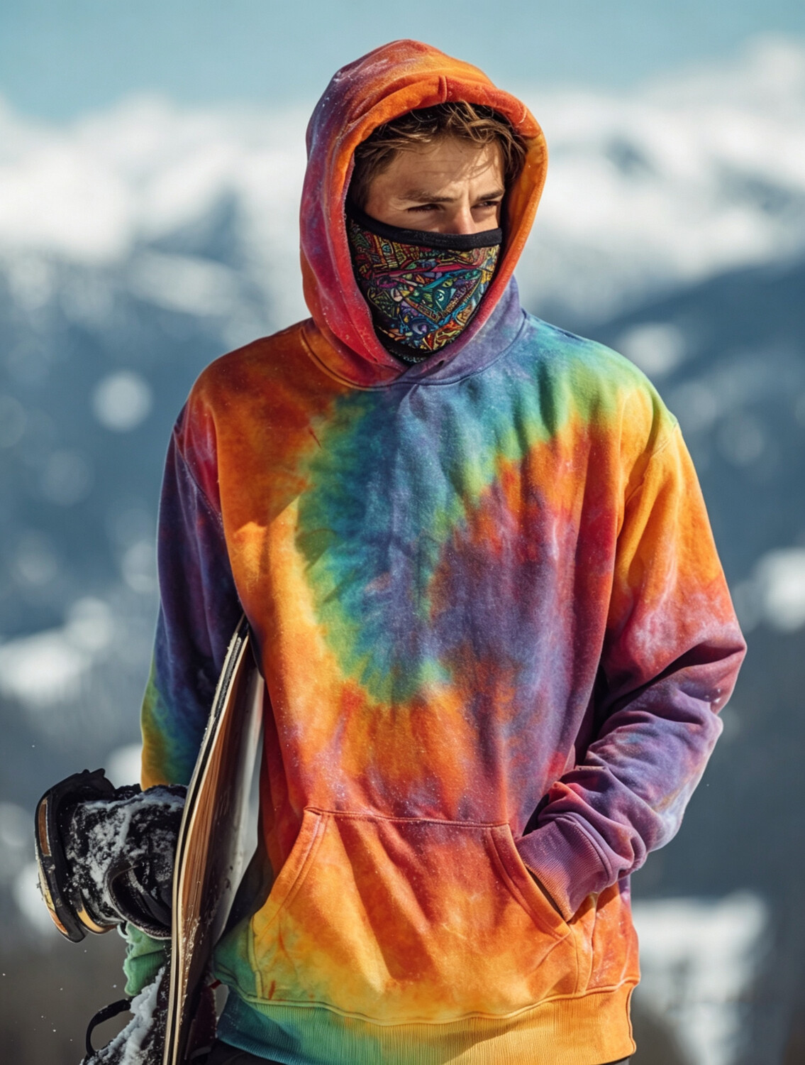 Men's Rainbow Tie Dye Mandala Print Thermal Base Layer Hoodie with Built-in Gaiter