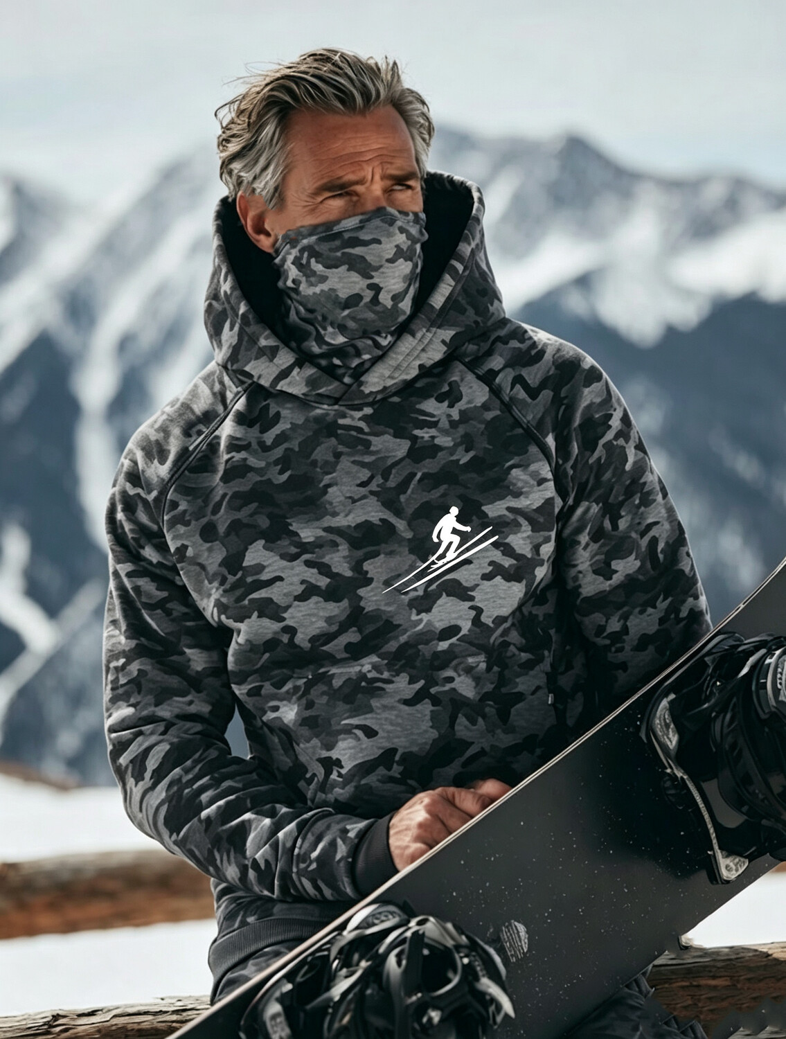 Men's Heather Gray Urban Camo Print Thermal Base Layer Hoodie with Built-in Gaiter