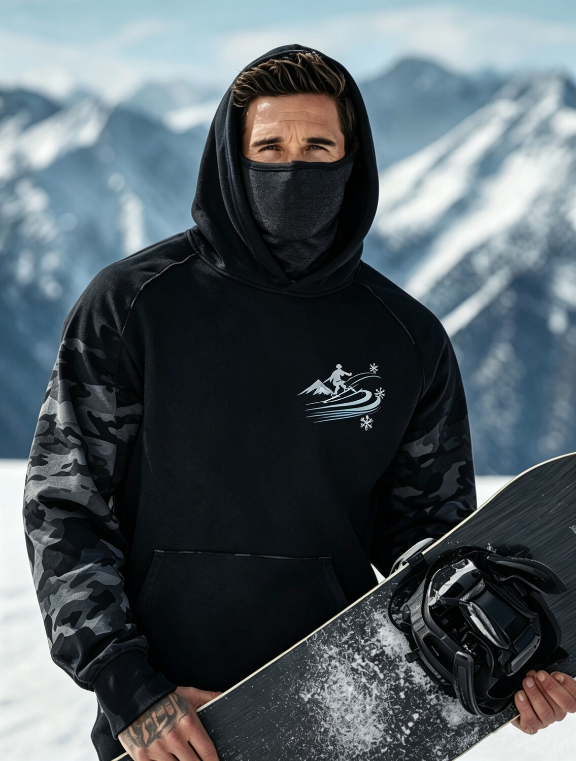 Men's Ski Silhouette Camo Print Thermal Base Layer Hoodie with Built-in Gaiter
