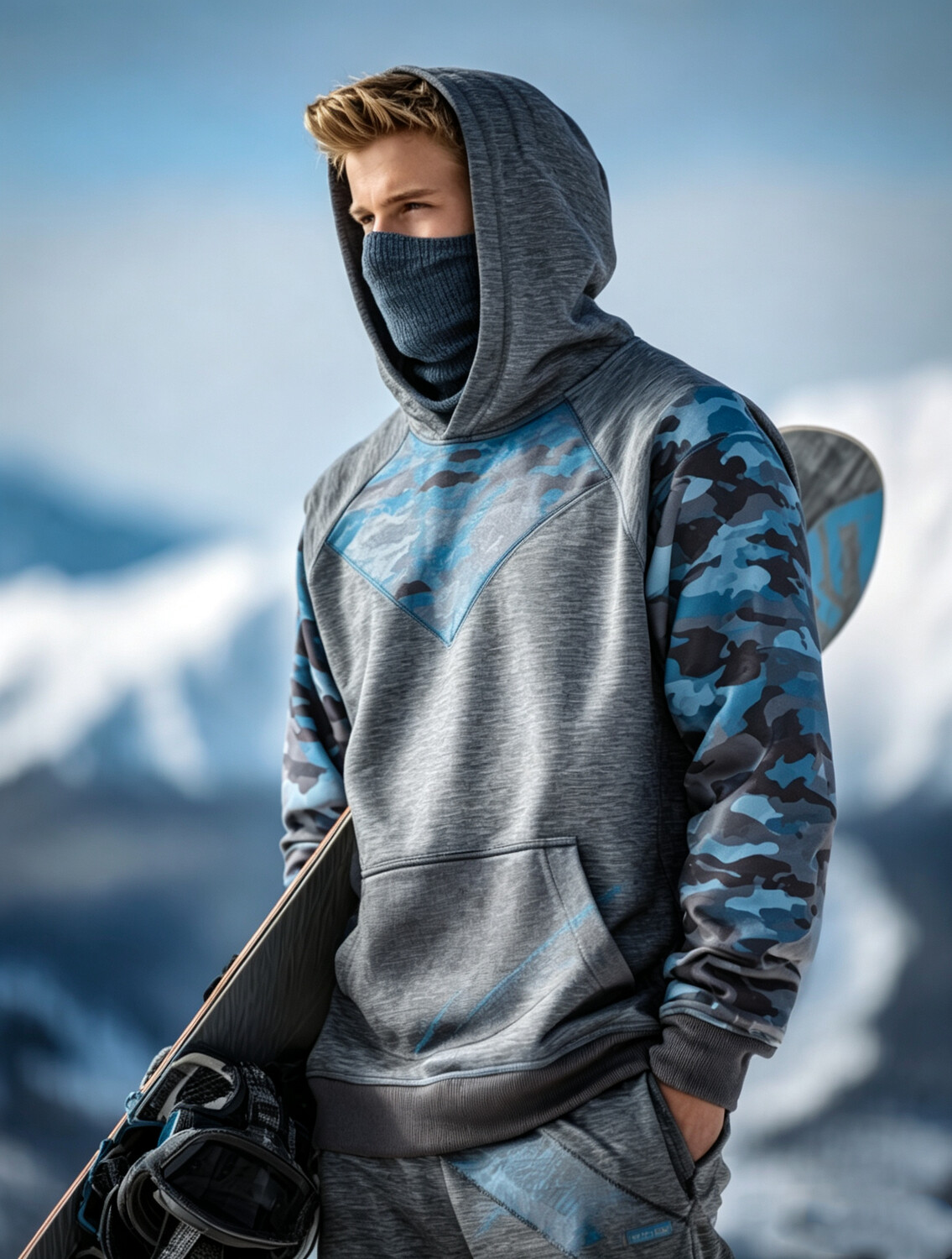 Men's Patchwork Camouflage Print Thermal Base Layer Hoodie with Built-in Gaiter