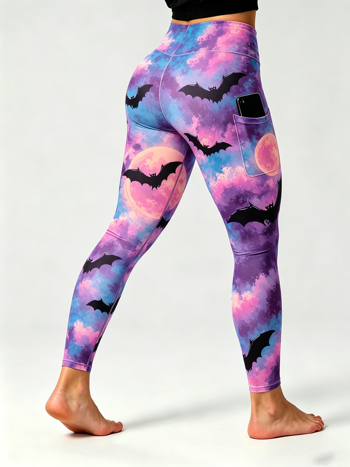 Women's Pastel Night Sky Full Moon Bat Silhouette Print Leggings with Side Pockets