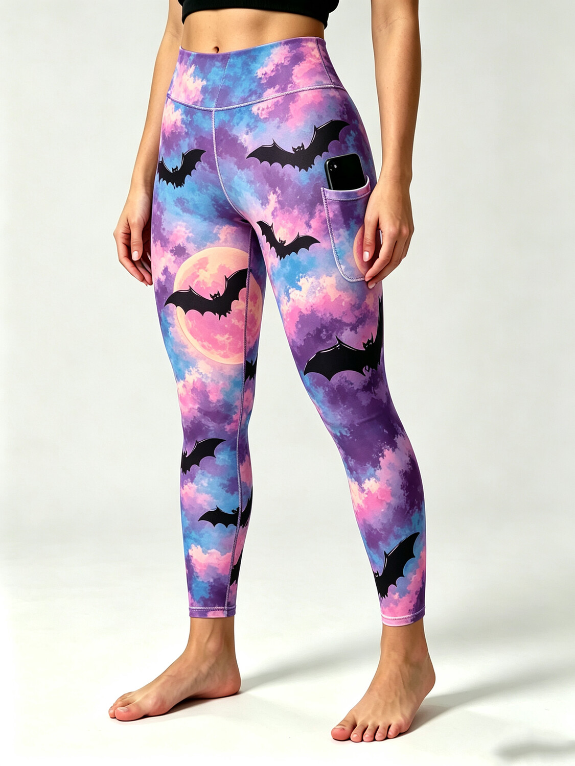 Women's Pastel Night Sky Full Moon Bat Silhouette Print Leggings with Side Pockets