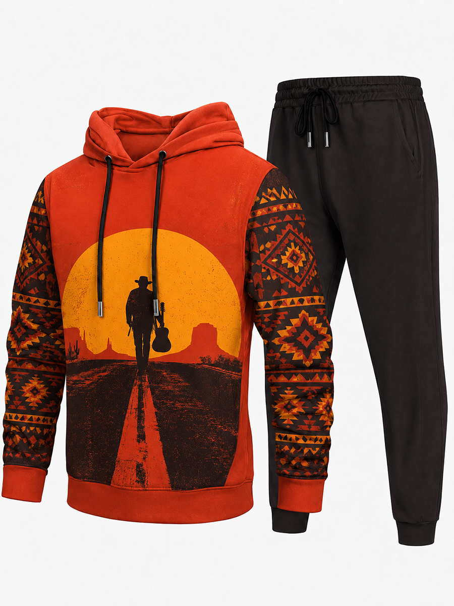 [Pre‑sale]Men's Desert Highway Guitar Cowboy Print Dralon Pullover Hoodie Jogger Outfit Set
