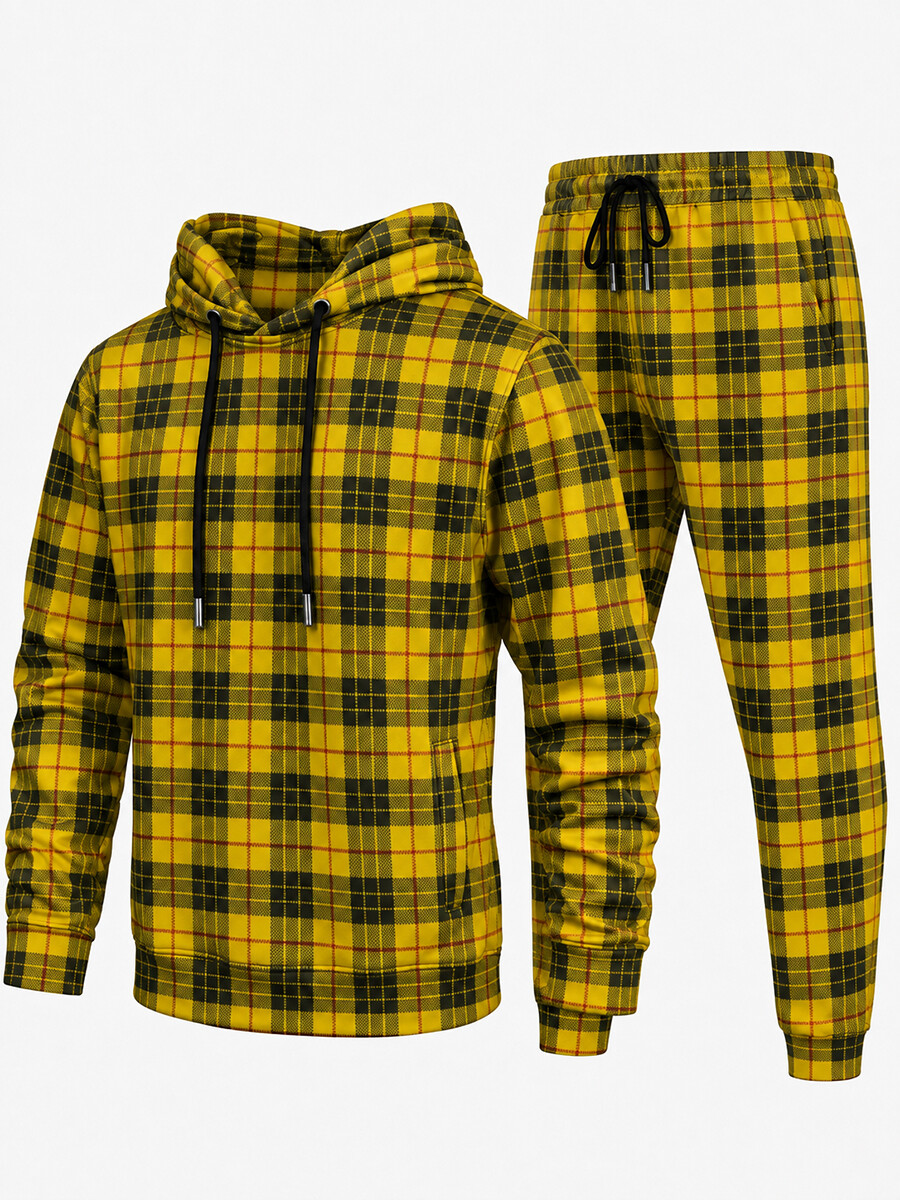 [Pre‑sale]Men's Yellow Black Tartan Plaid Dralon Pullover Hoodie Jogger Outfit Set