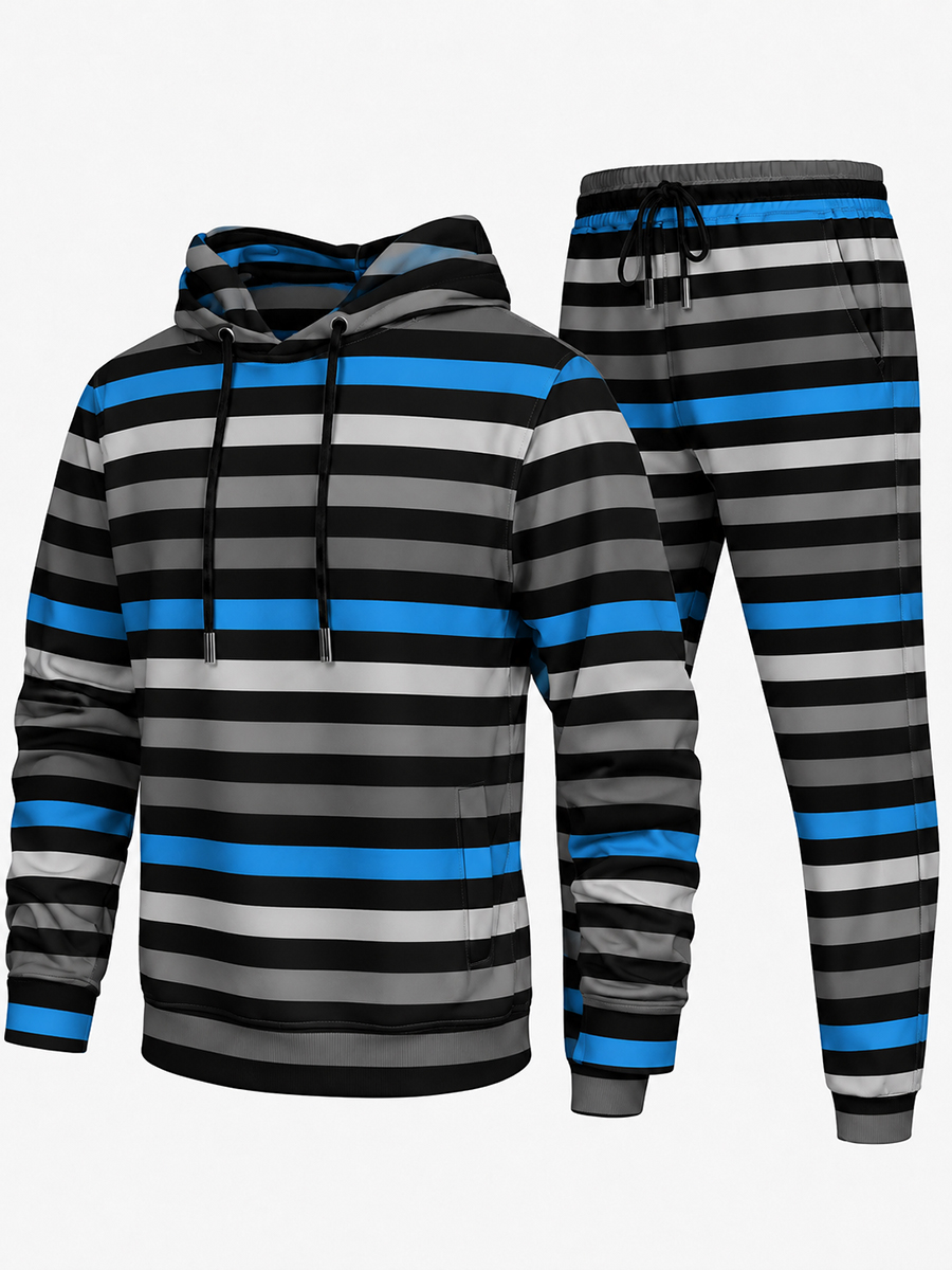 [Pre‑sale]Men's Black Blue Grey Striped Dralon Pullover Hoodie Jogger Outfit Set