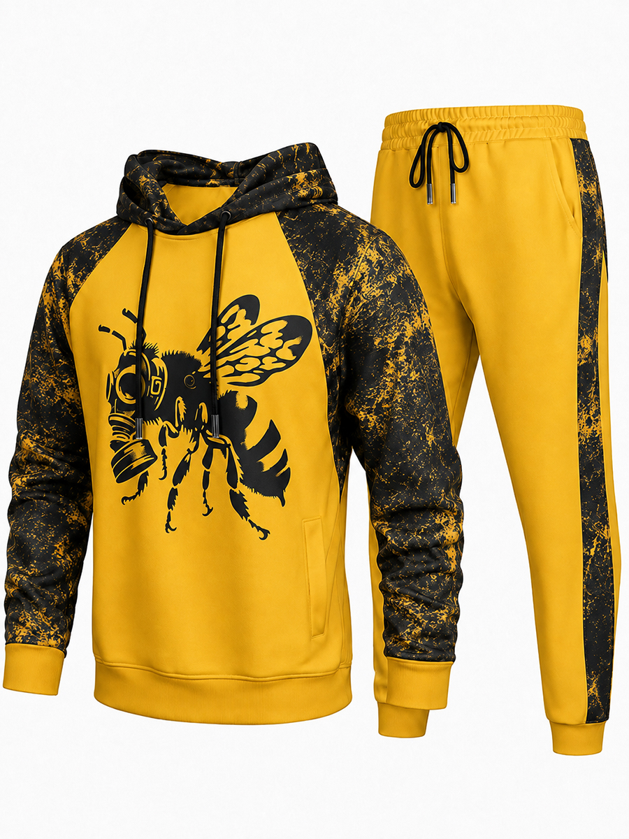 [Pre‑sale]Men's Yellow Black Bleached Bee Print Dralon Raglan Pullover Hoodie Jogger Outfit Set