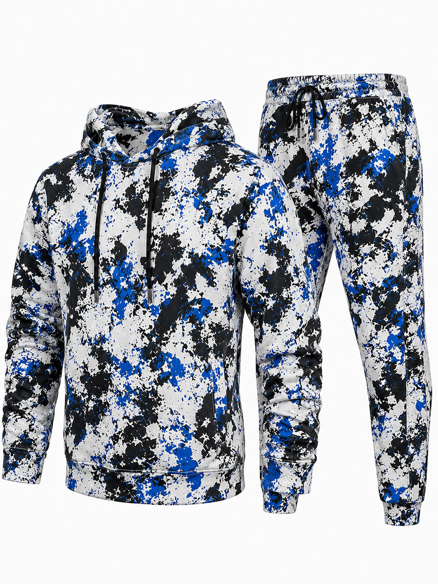 [Pre‑sale]Men's Abstract Paint Splatter Print Dralon Pullover Hoodie Jogger Outfit Set