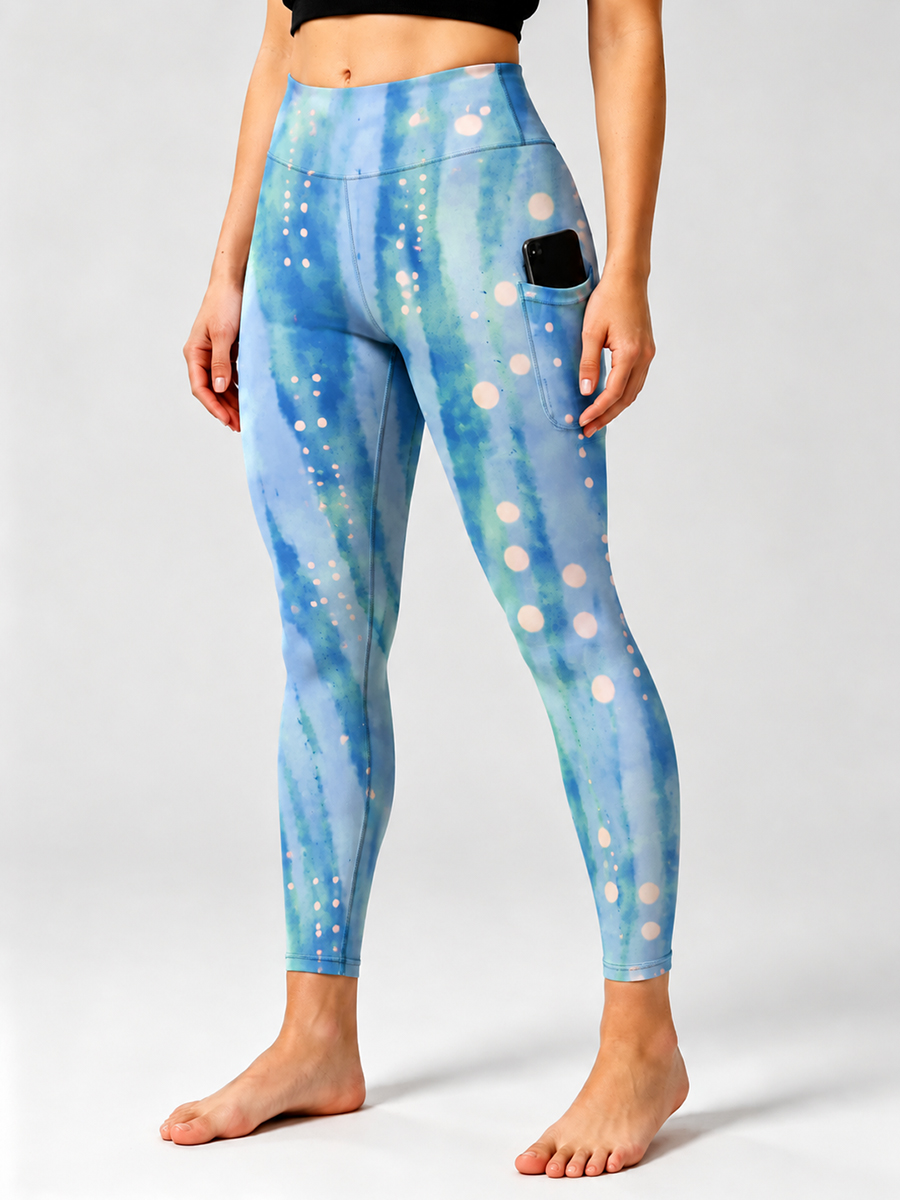Women's Abstract Watercolor Polka Dot Print Leggings with Side Pockets
