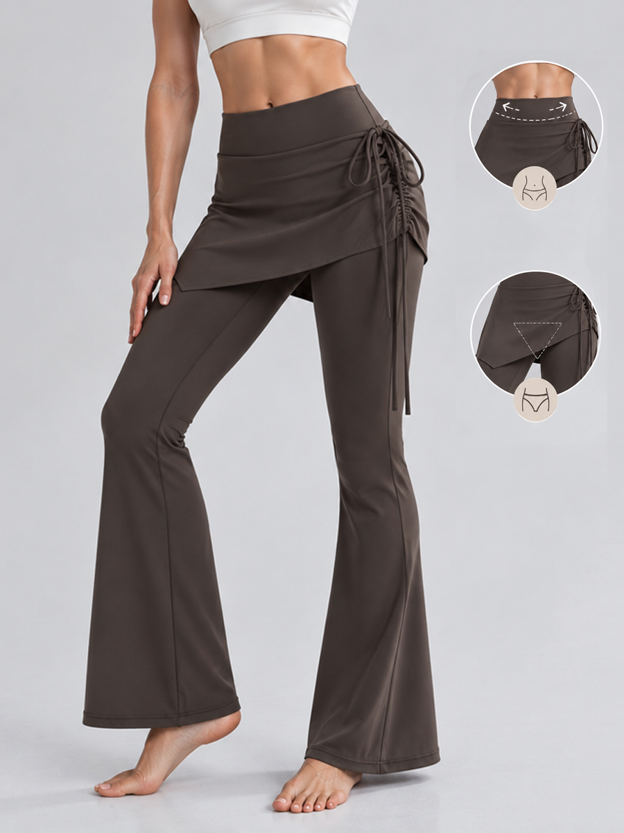 [Pre-sale]Women's Solid Color High Waist 2 In 1 Skirted Side Drawstring Flare Leg Slim Skort Yoga Leggings