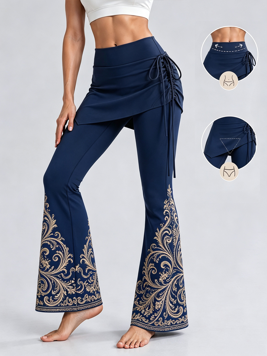 [Pre-sale]Women's Luxury Baroque Scroll Print High Waist 2 In 1 Skirted Side Drawstring Flare Leg Slim Skort Yoga Leggings