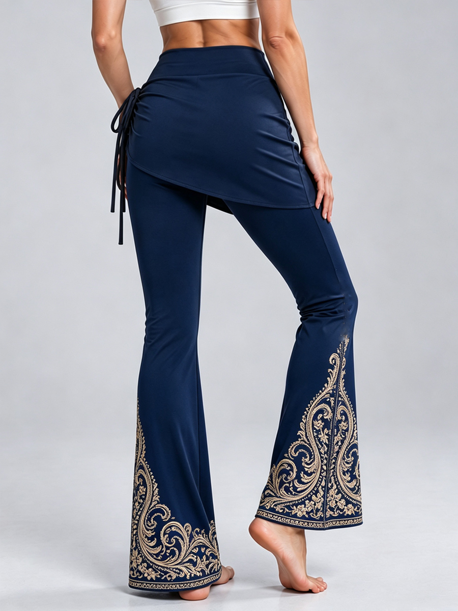 [Pre-sale]Women's Luxury Baroque Scroll Print High Waist 2 In 1 Skirted Side Drawstring Flare Leg Slim Skort Yoga Leggings
