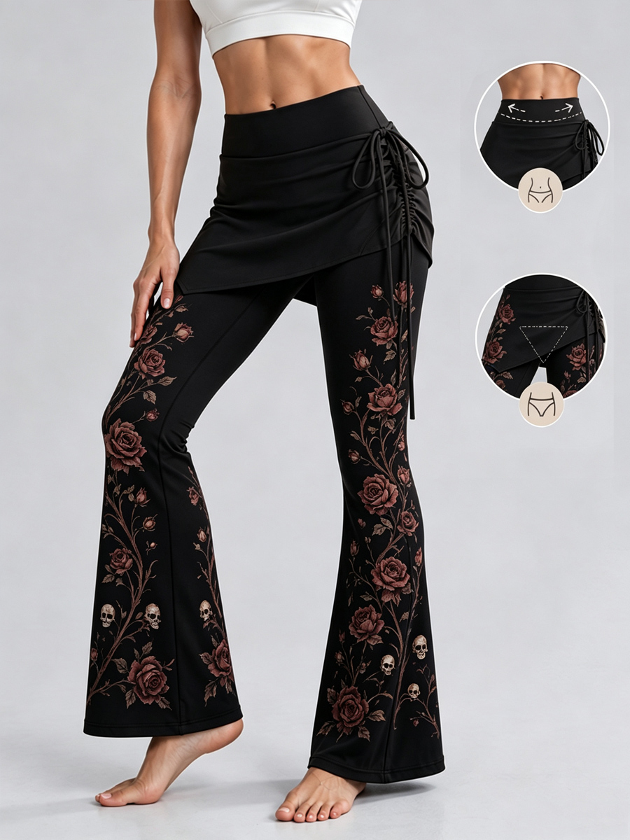 [Pre-sale]Women's Gothic Rose Skull Print High Waist 2 In 1 Skirted Side Drawstring Flare Leg Slim Skort Yoga Leggings