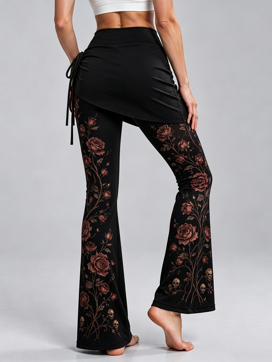 [Pre-sale]Women's Gothic Rose Skull Print High Waist 2 In 1 Skirted Side Drawstring Flare Leg Slim Skort Yoga Leggings