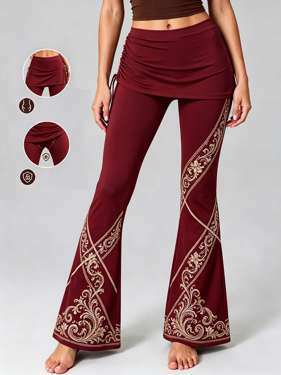 [Pre-sale]Women's Baroque Scroll Print High Waist 2 In 1 Skirted Side Drawstring Flare Leg Slim Skort Yoga Leggings