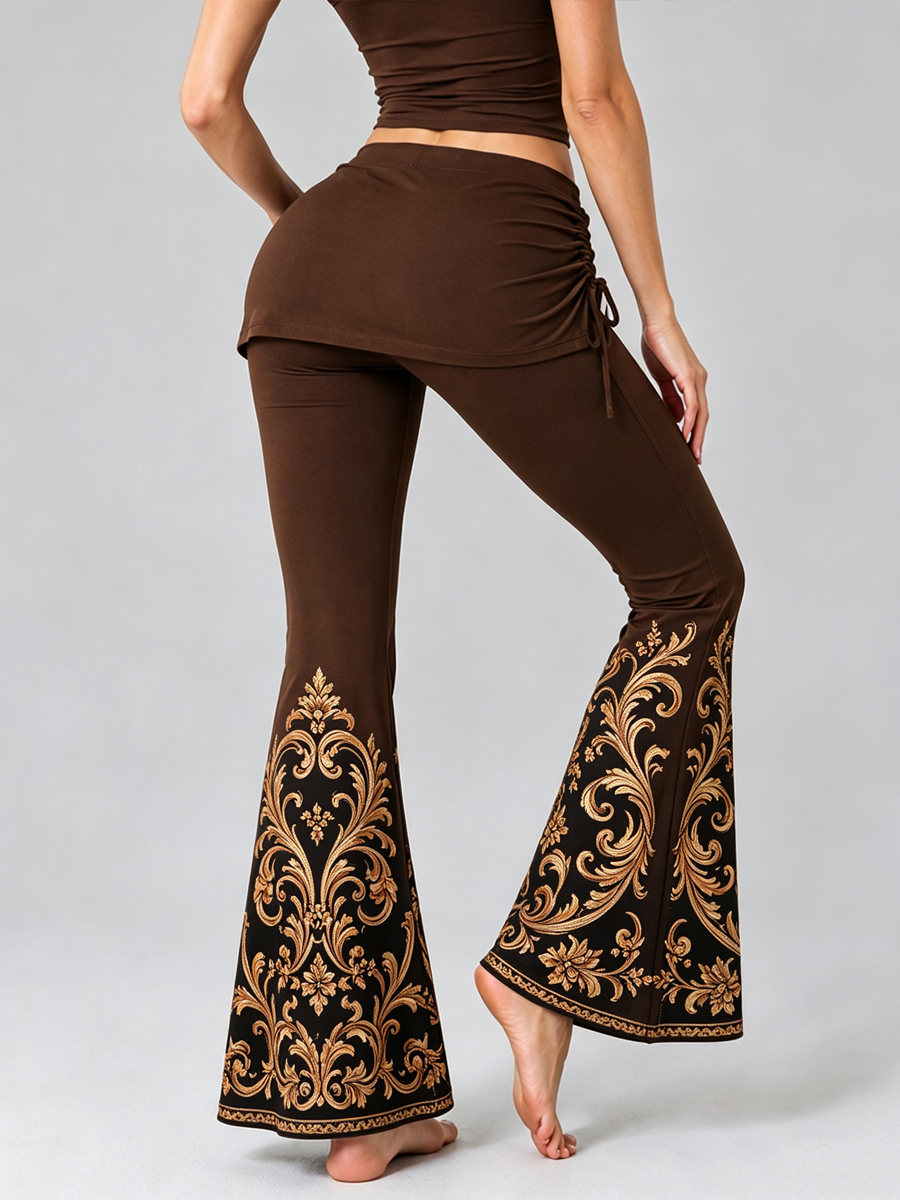 [Pre-sale]Women's Baroque Leaf Floral Print High Waist 2 In 1 Skirted Side Drawstring Flare Leg Slim Skort Yoga Leggings