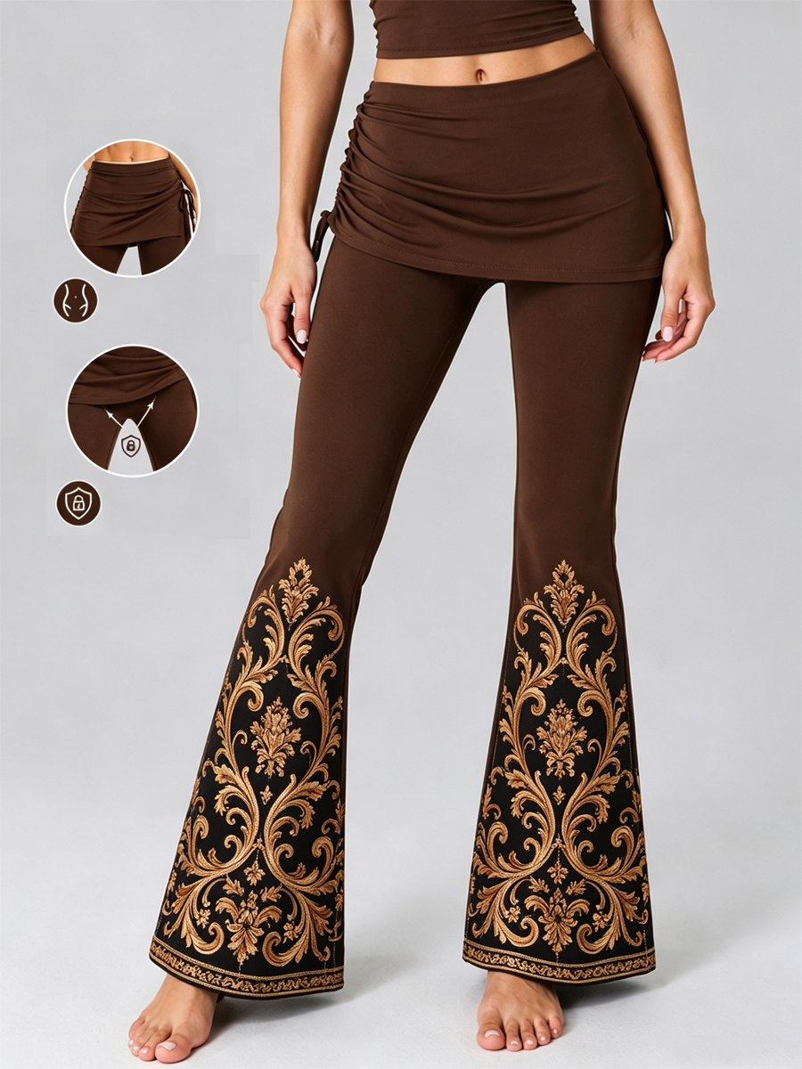 [Pre-sale]Women's Baroque Leaf Floral Print High Waist 2 In 1 Skirted Side Drawstring Flare Leg Slim Skort Yoga Leggings