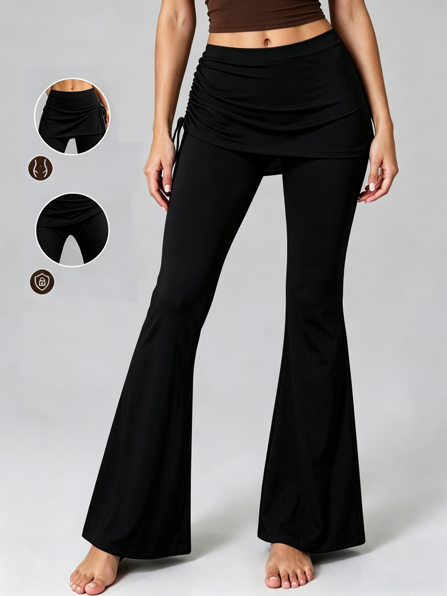[Pre-sale]Women's Black Color High Waist 2 In 1 Skirted Side Drawstring Flare Leg Slim Skort Yoga Leggings
