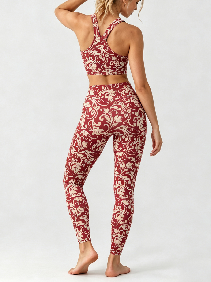 [Pre-sale]Women's Floral Scroll Print Cropped Tank Top & High Waist Leggings 2Pcs Set