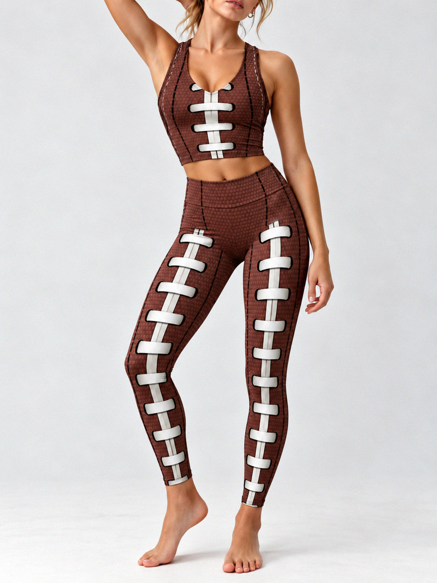 [Pre-sale]Women's Football Stitch Texture Print Cropped Tank Top & High Waist Leggings 2Pcs Set