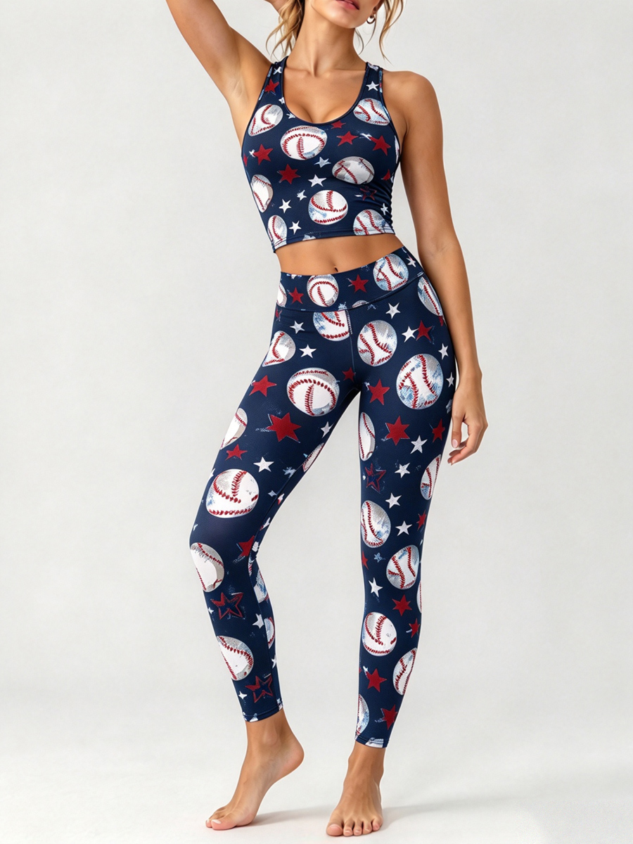[Pre-sale]Women's Baseball And Star Print Cropped Tank Top & High Waist Leggings 2Pcs Set