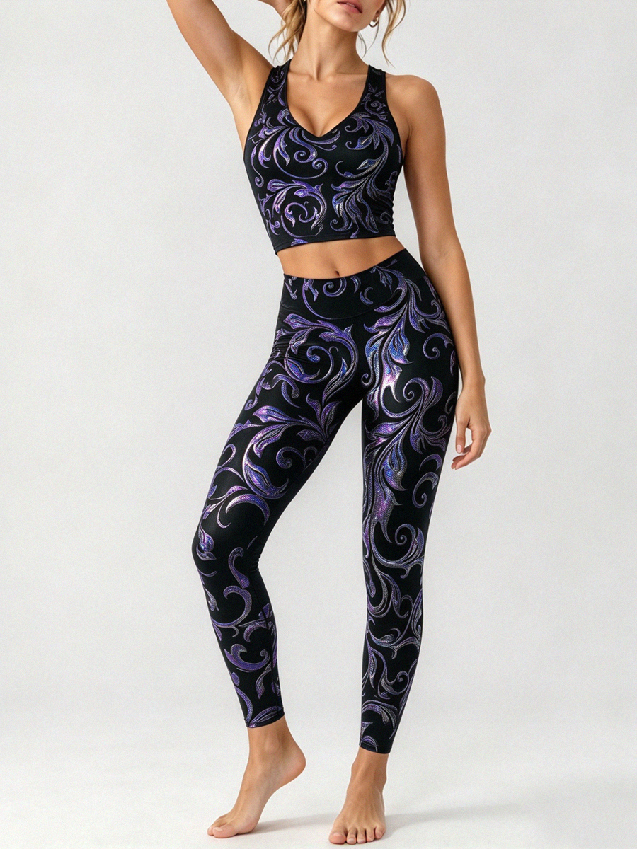 [Pre-sale]Women's Iridescent Baroque Scroll Print Cropped Tank Top & High Waist Leggings 2Pcs Set