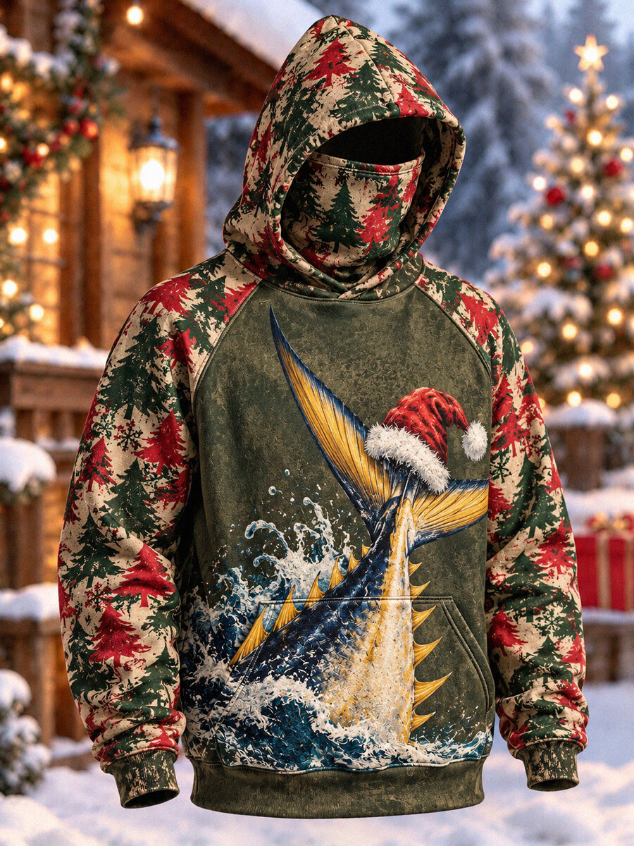 Men's Christmas Swordfish Santa Ha Print Thermal Base Layer Hoodie with Built-in Gaiter
