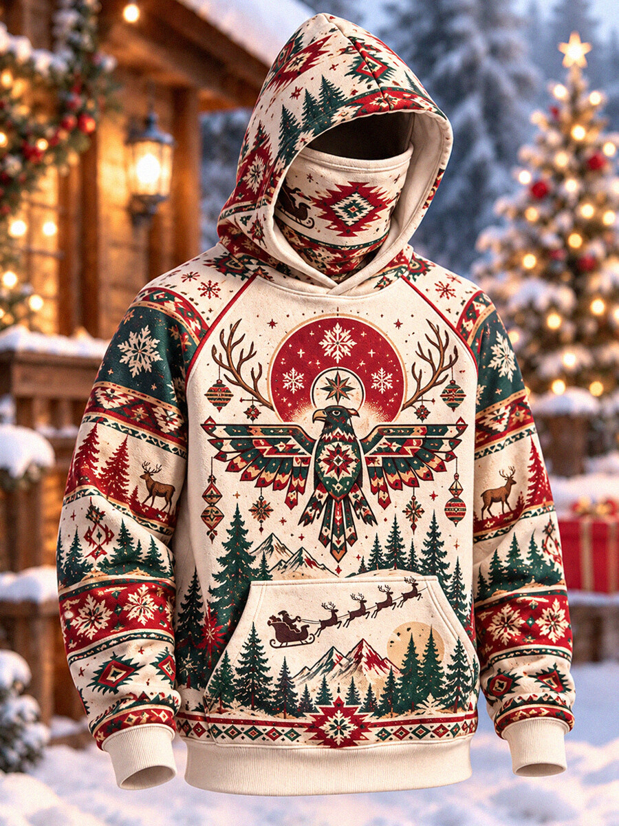Men's Christmas Reindeer Aztec Pattern Thermal Base Layer Hoodie with Built-in Gaiter