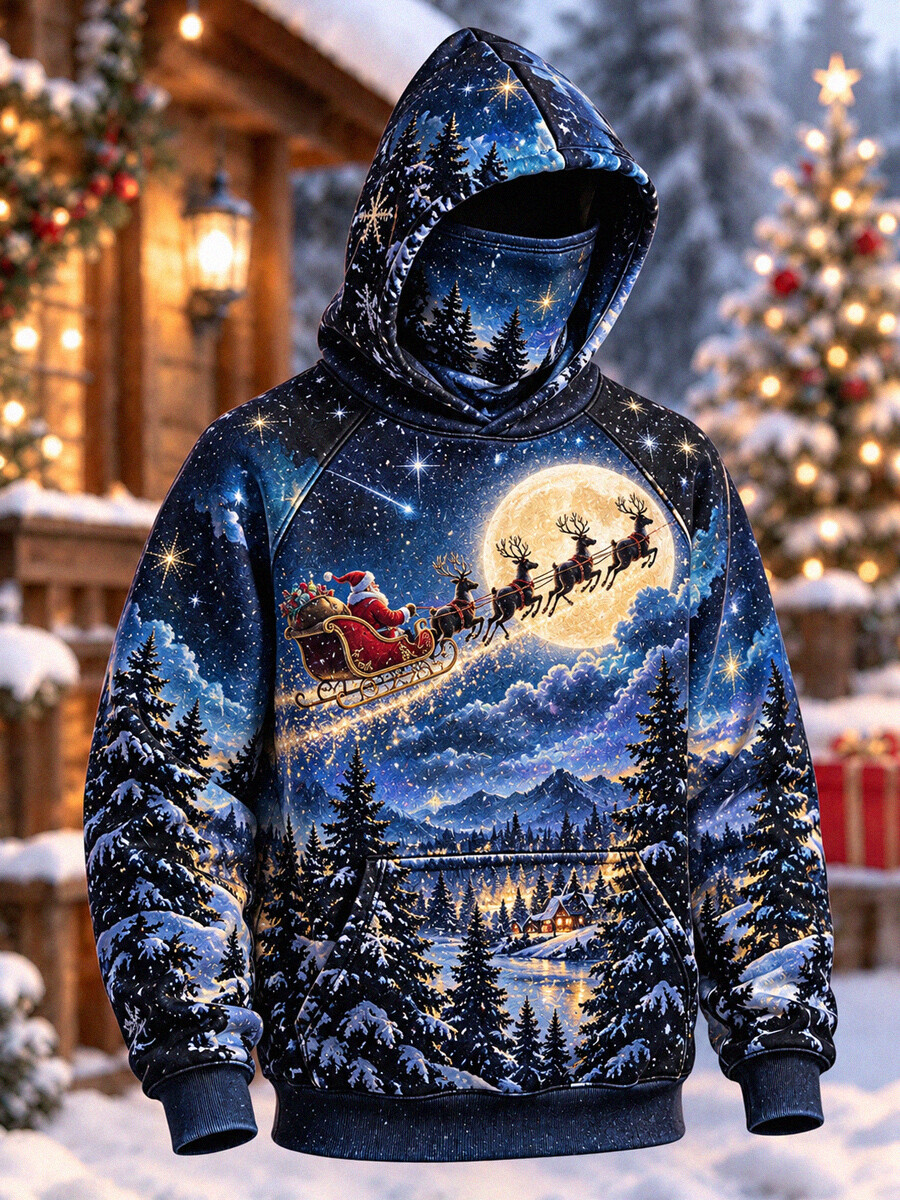 Men's Christmas Santa Sleigh Print Thermal Base Layer Hoodie with Built-in Gaiter