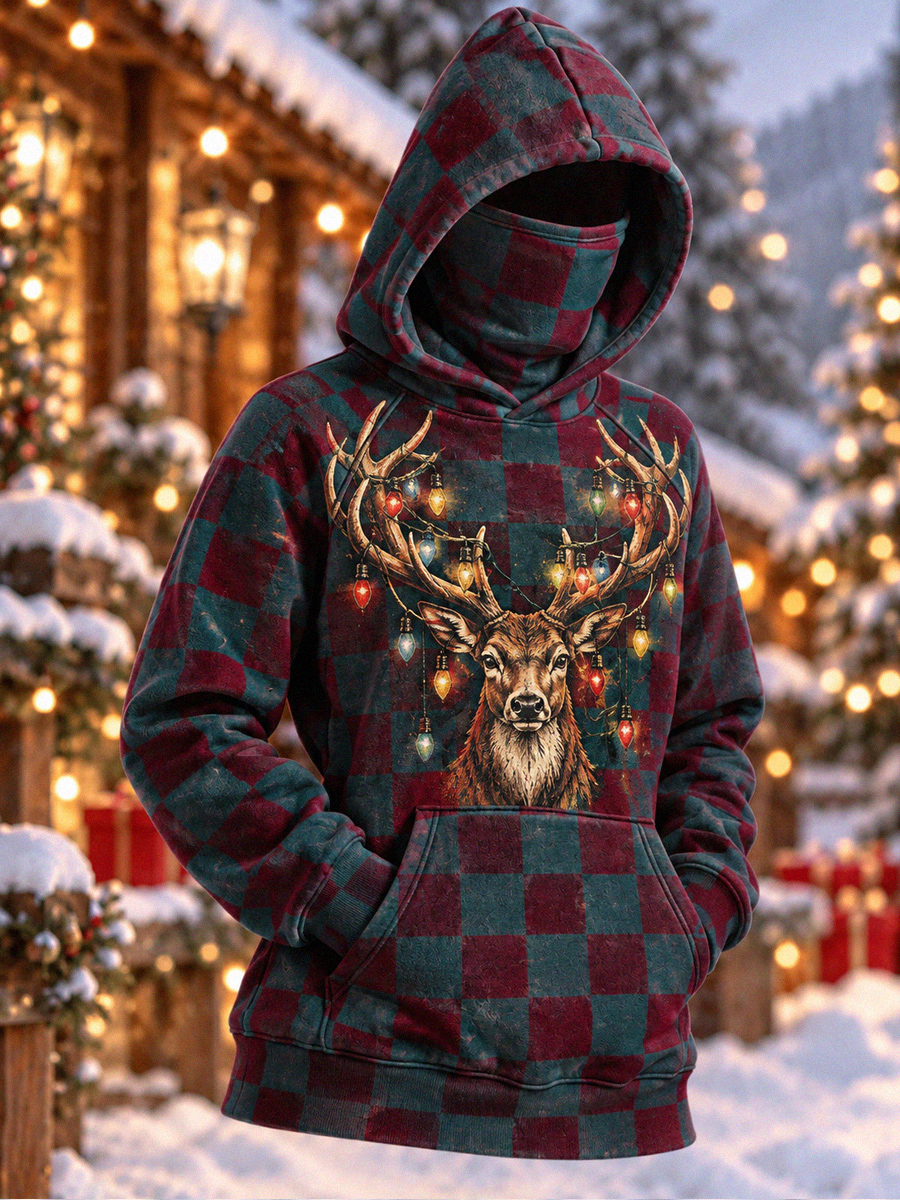 Women's Christmas Vintage Deer Head Plaid Art Print Warm Face‑Covering Pocket Hoodie