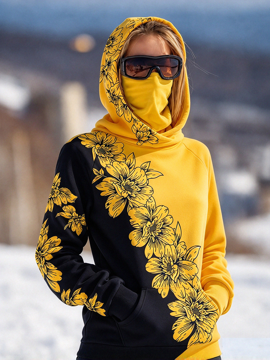 Women's Vintage Floral Color Block Art Print Warm Face‑Covering Pocket Hoodie