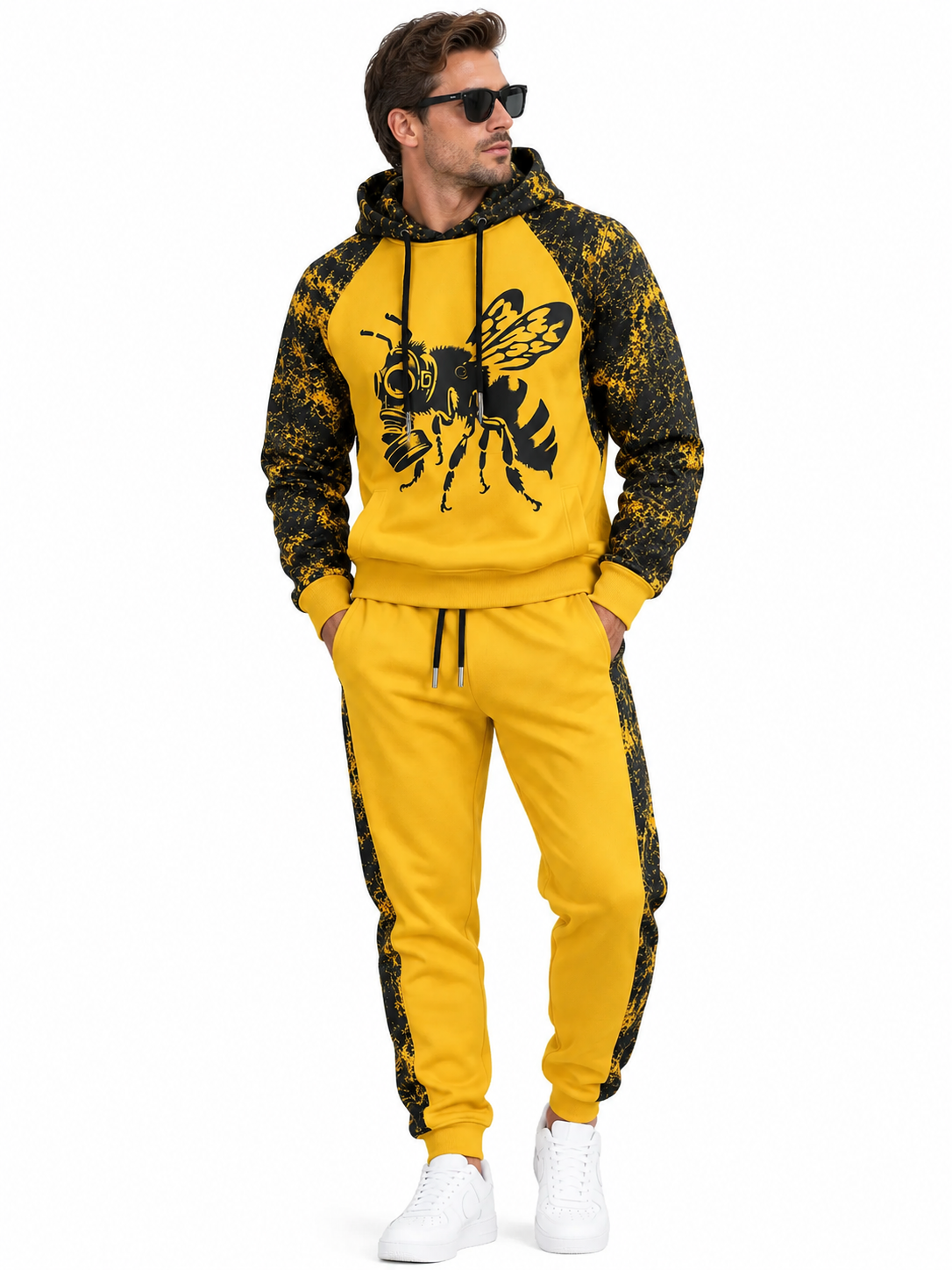 [Pre‑sale]Men's Yellow Black Bleached Bee Print Dralon Raglan Pullover Hoodie Jogger Outfit Set