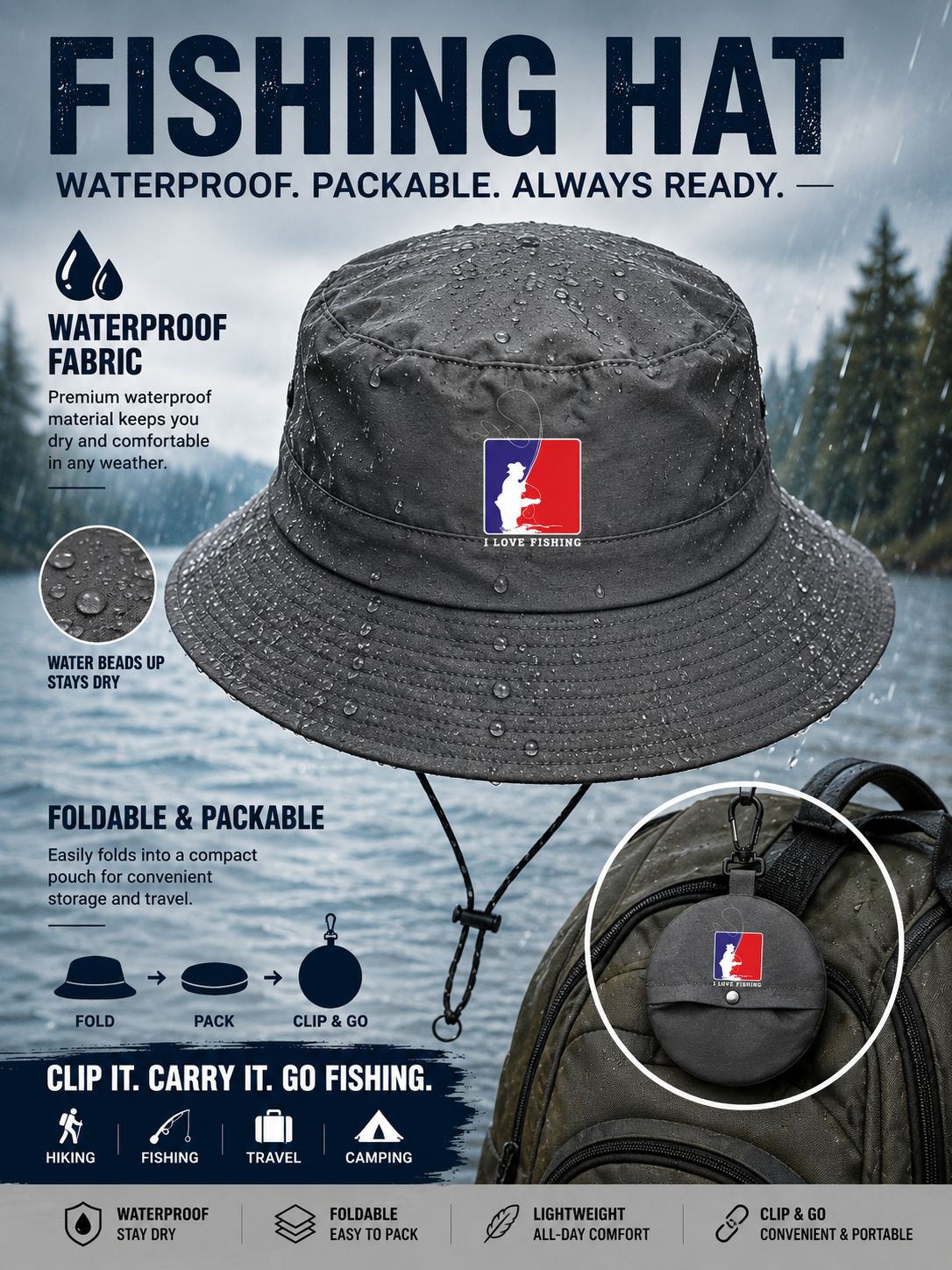 I Love Fishing Graphic Print Foldable Sun Protection Fisherman Hat