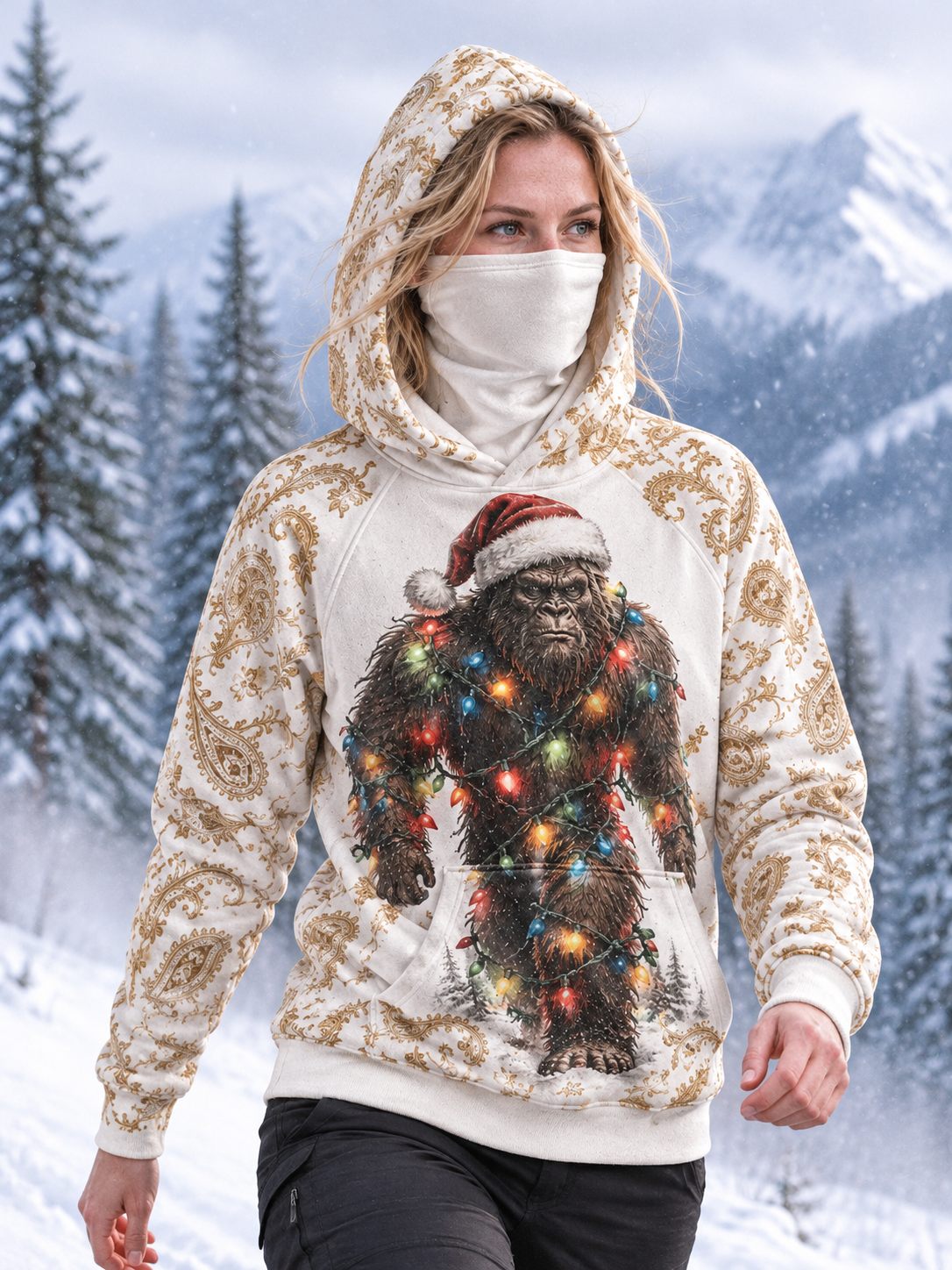 Women's Christmas Monster Vintage Paisley Art Print Warm Face‑Covering Pocket Hoodie