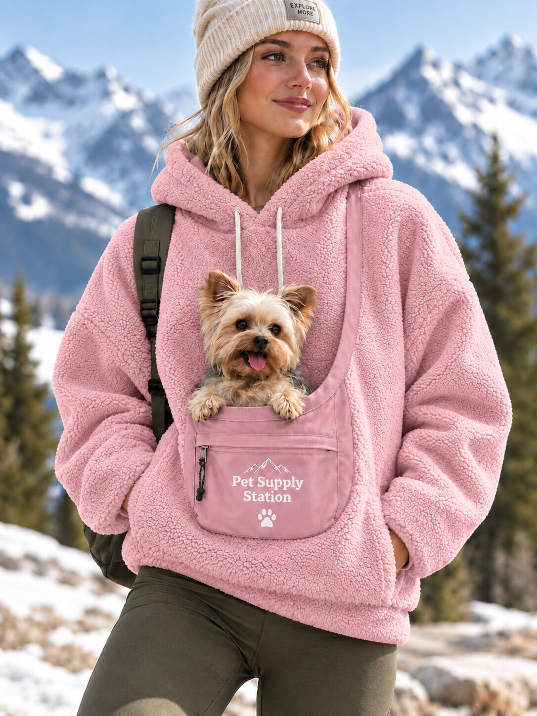 [Pre-sale]Women's Solid Color Fleece Front Pet Pocket Long Sleeve Hoodie