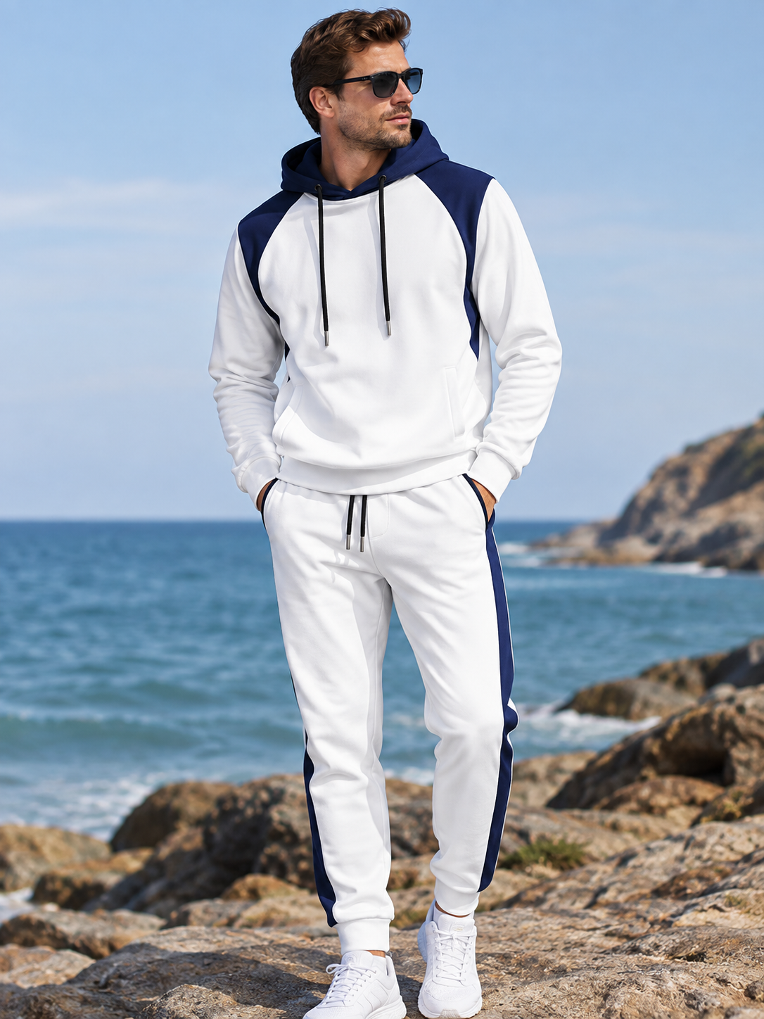 [Pre‑sale]Men's Contrast Sleeve Dralon Pullover Hoodie Side‑Stripe Jogger Outfit Set