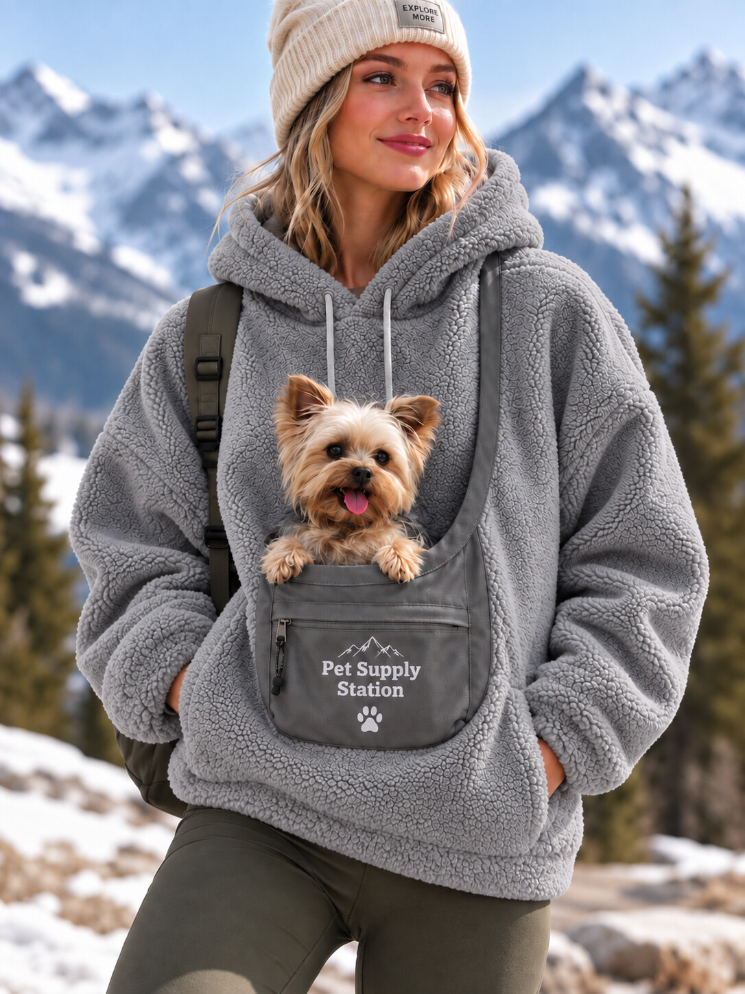 [Pre-sale]Women's Solid Color Fleece Front Pet Pocket Long Sleeve Hoodie