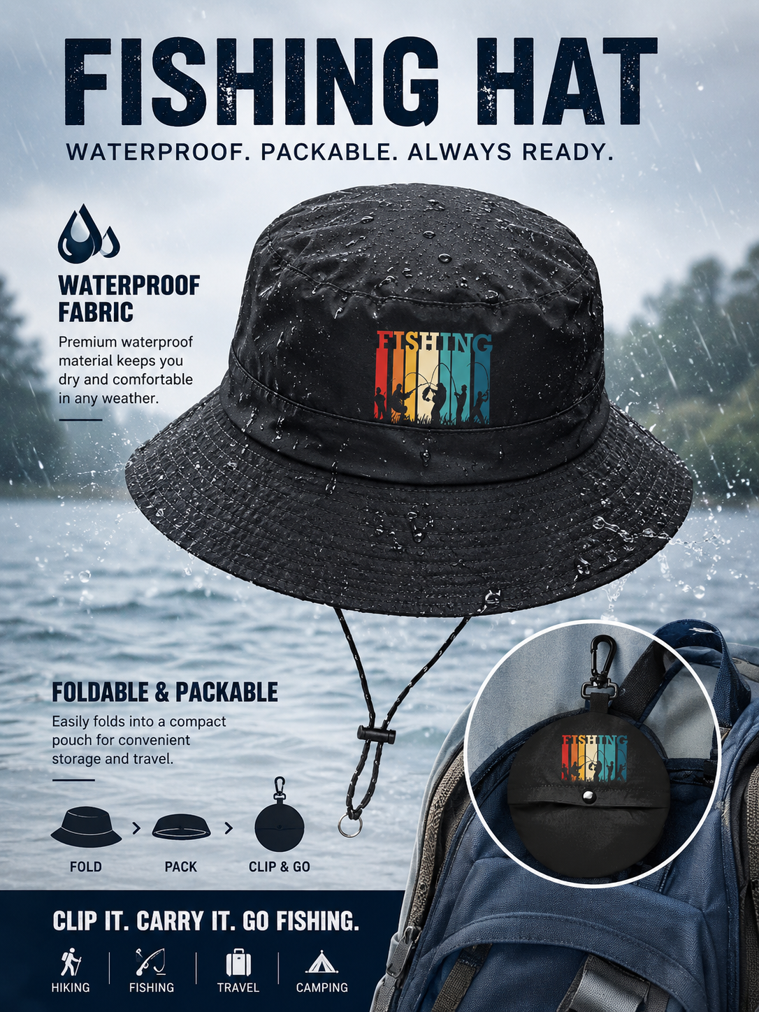 Rainbow Stripe Fishing Silhouette Print Foldable Sun Protection Fisherman Hat
