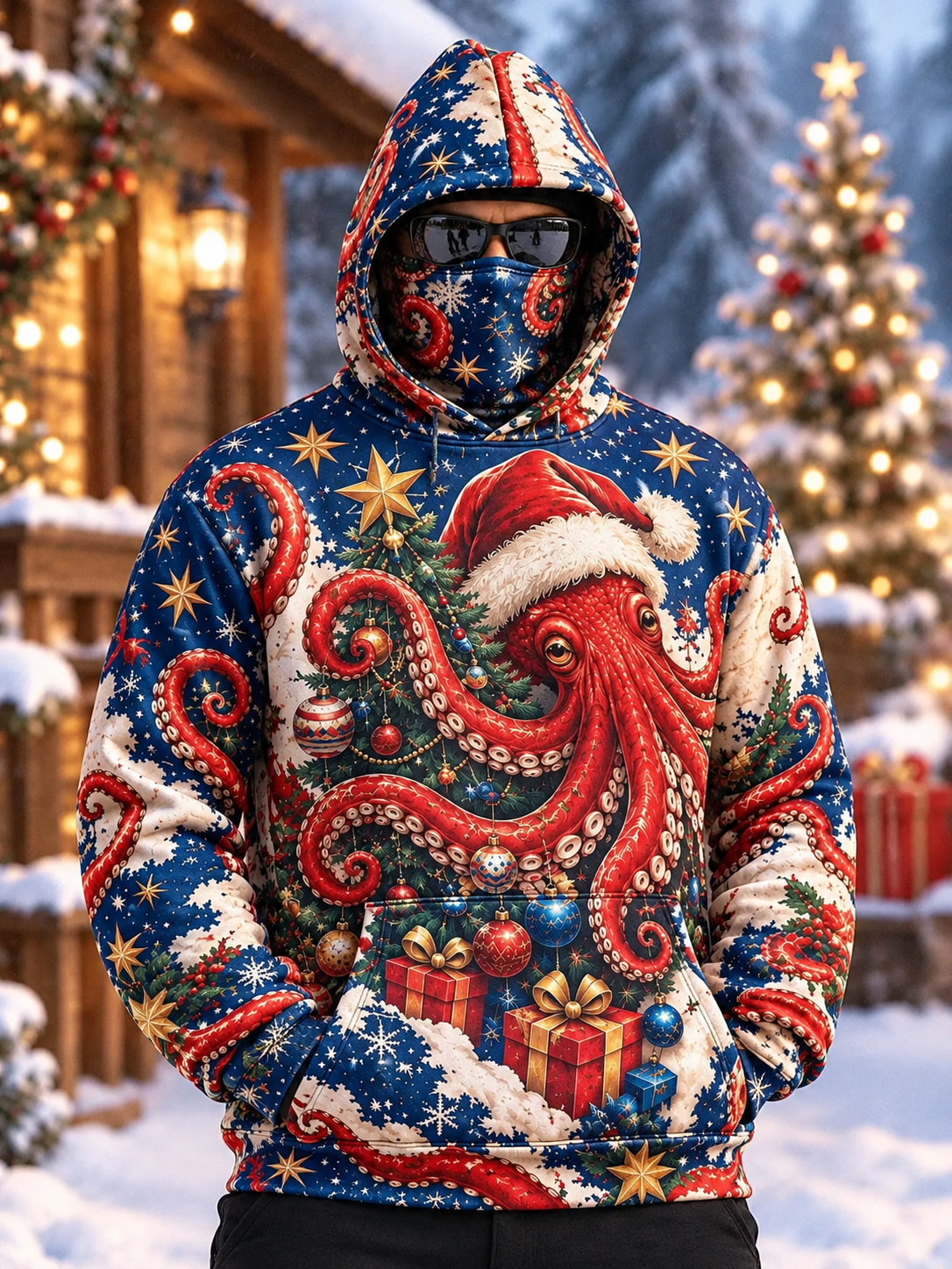 Men's Christmas Octopus Wearing Santa Ha Print Thermal Base Layer Hoodie with Built-in Gaiter