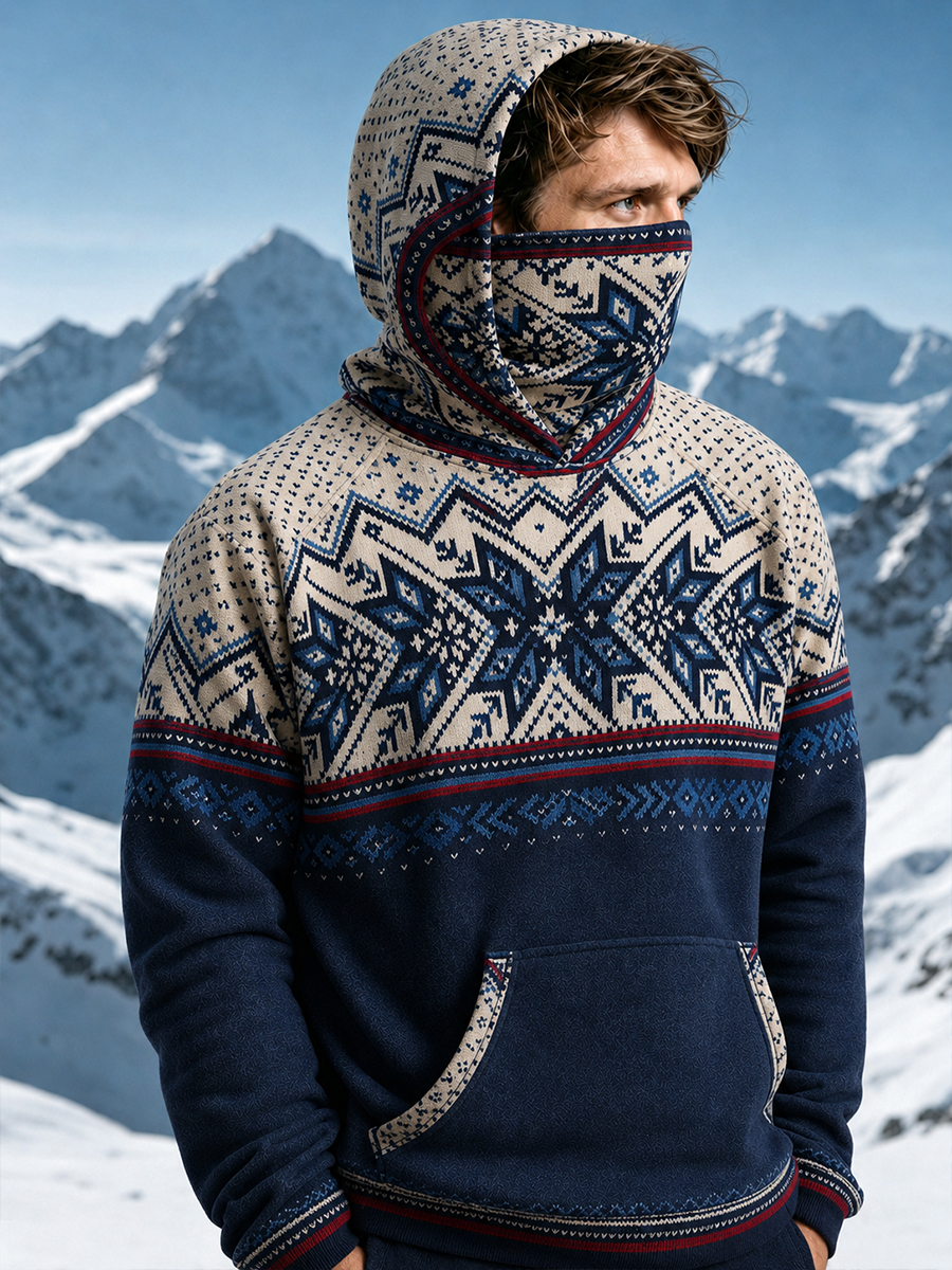 Men's Retro Nordic Fair Isle Striped Print Thermal Base Layer Hoodie with Built-in Gaiter
