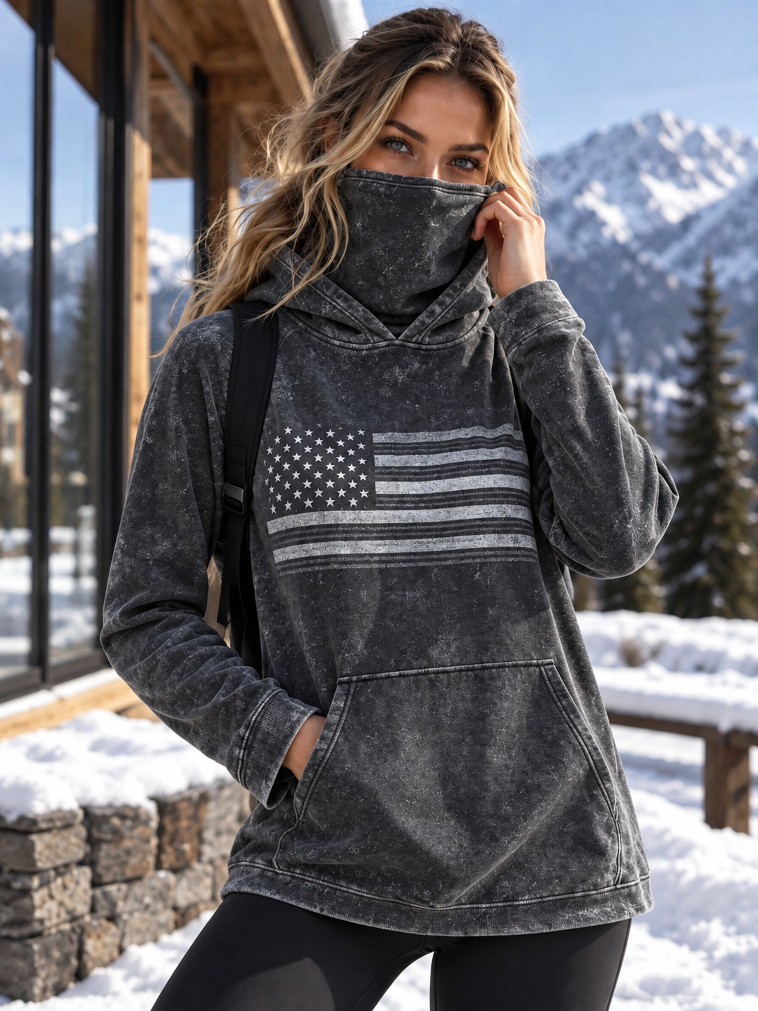 Women's Vintage American Flag Print Warm Hoodie with Face Mask Pocket