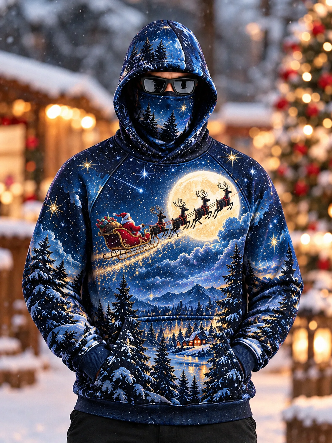 Men's Christmas Santa Sleigh Print Thermal Base Layer Hoodie with Built-in Gaiter