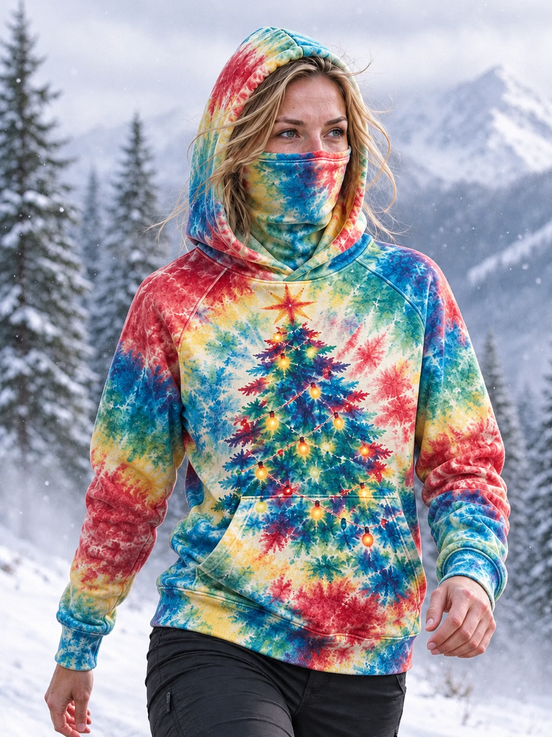 Women's Christmas Watercolor Christmas Tree Tie Dye Print Warm Face‑Covering Pocket Hoodie