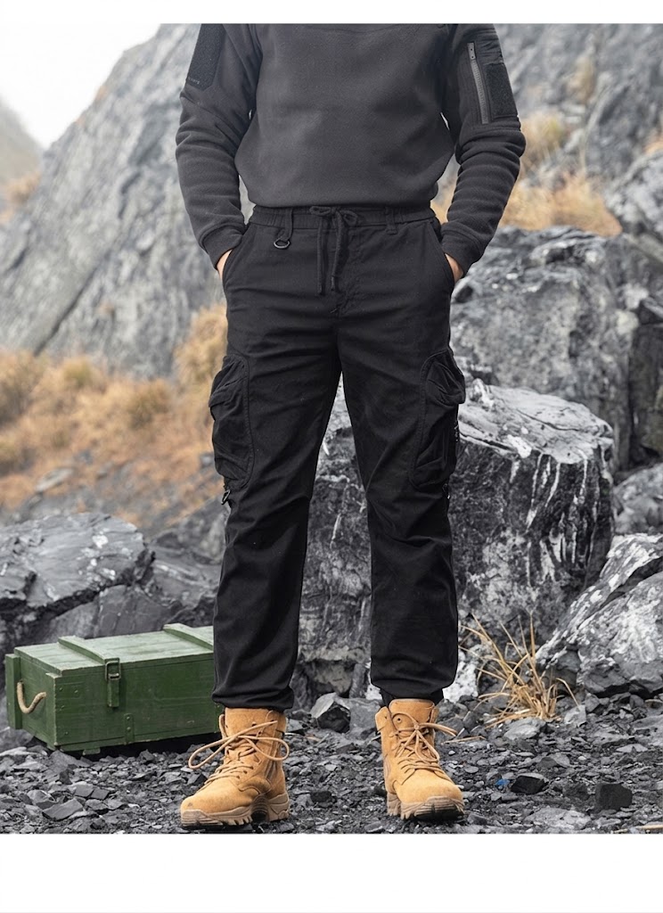 Men'S Distressed Black Cargo Pants, Casual Loose-Fitting Tactical Jogging Pants With Pockets