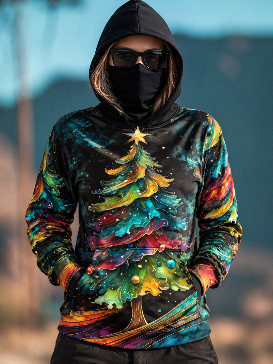 Women's Alcohol Ink Rainbow Christmas Tree Art Print Warm Face‑Covering Pocket Hoodie