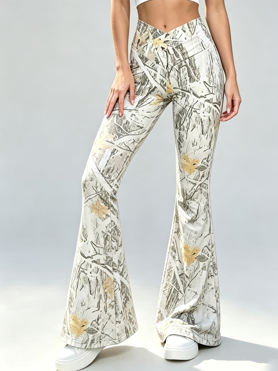 Women's Birch Branch Maple Leaf Print Crisscross Waist Flare Leg Leggings