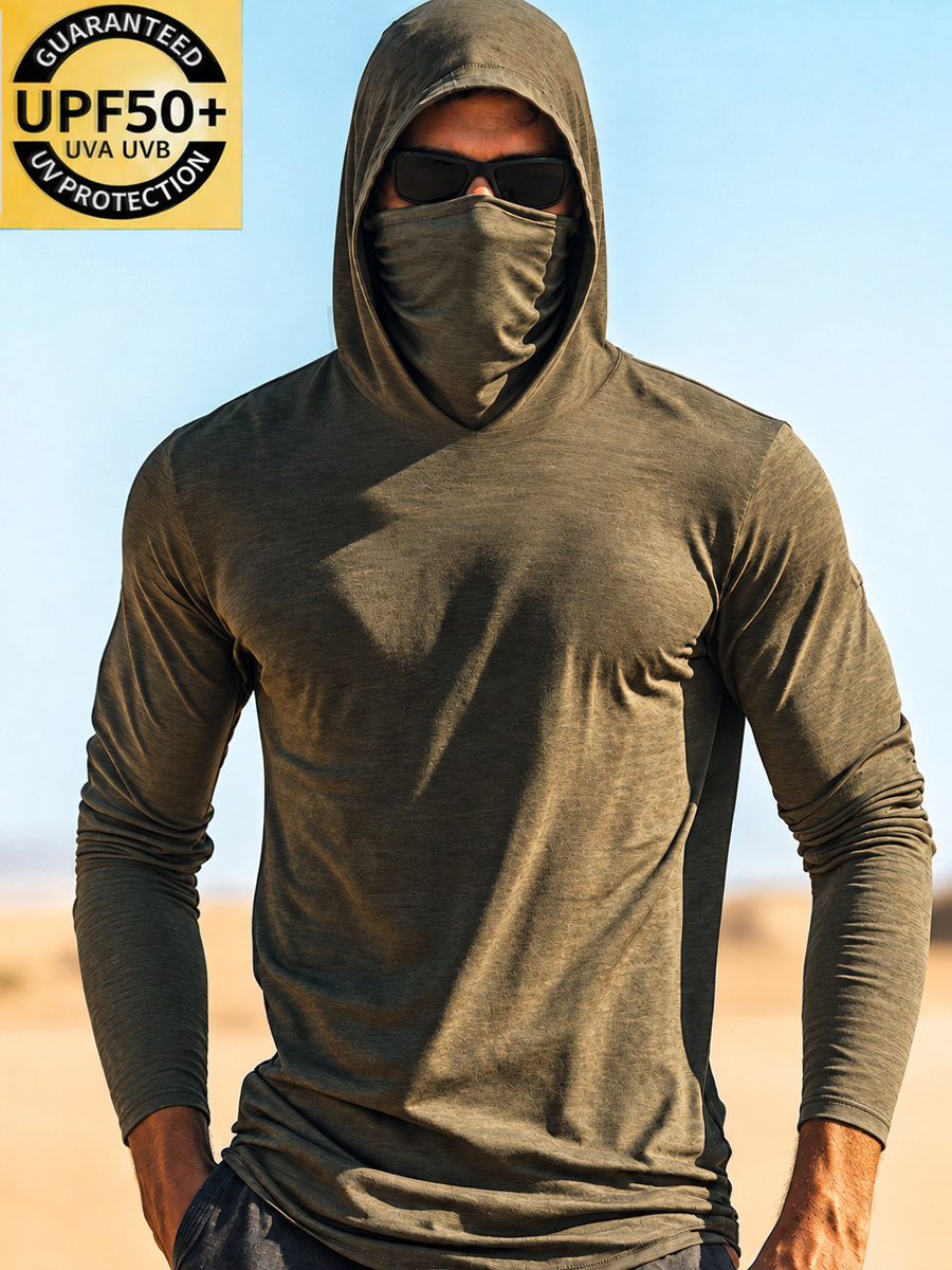 Men's UPF 50+ Hoodie With Built-In Mask - Solid Olive Textured Plain Design - Quick-Dry Performance Sun Protection Hoodie