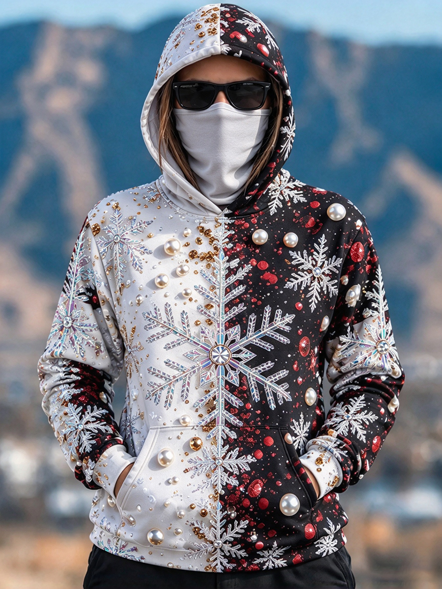Women's Split Snowflake Pearl Christmas Art Print Warm Face‑Covering Pocket Hoodie