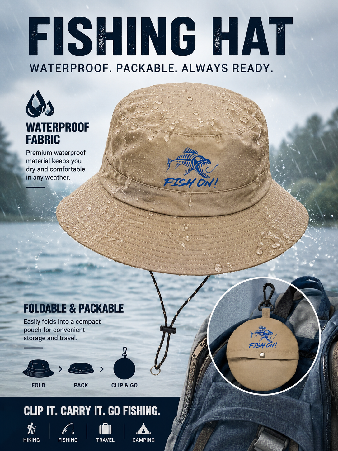 Fish On Fishbone Graphic Foldable Sun Protection Fisherman Hat